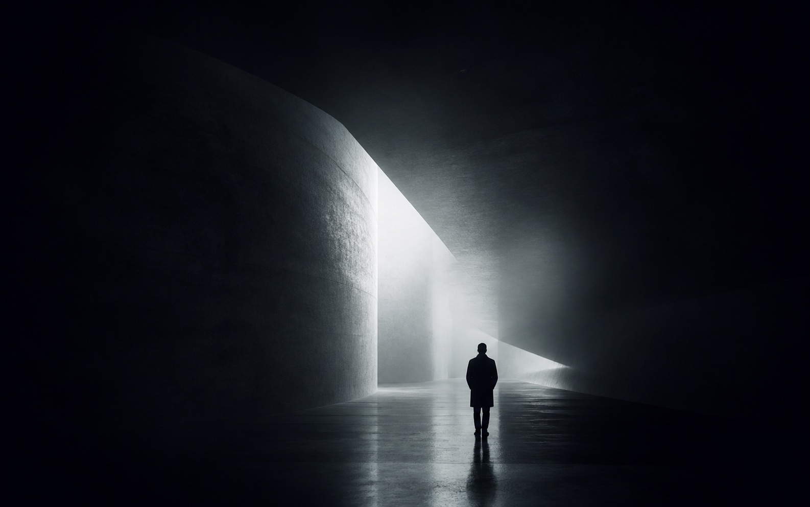 A lone figure standing in a monumental corridor of white light